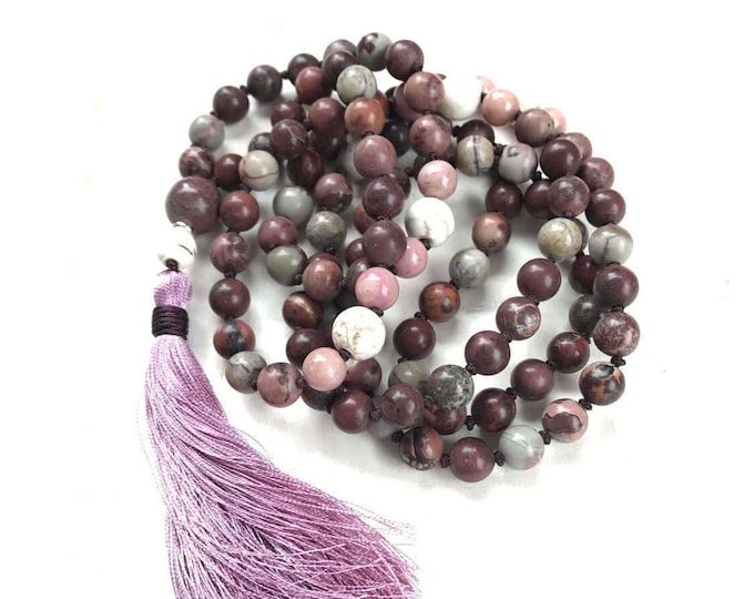 Nourish The Soul Mala Bead Necklace - Grass Flower Jasper - Rhodonite Mala Beads - 108 Bead Meditation Mala - Silk Tassel