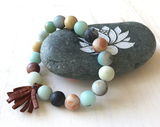 Bohemian Stone Bracelet, Leather Tassel Stretch Bracelet, Boutique Style Jewelry, Yoga Jewelry, Boho Chic Bracelet, Healing Amazonite