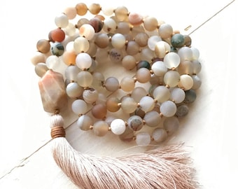 Mala For Joy - Sunstone Mala Necklace - Matte Druzy Agate Beads - 108 Bead Mala - Silk Tassel - Mala For Meditation