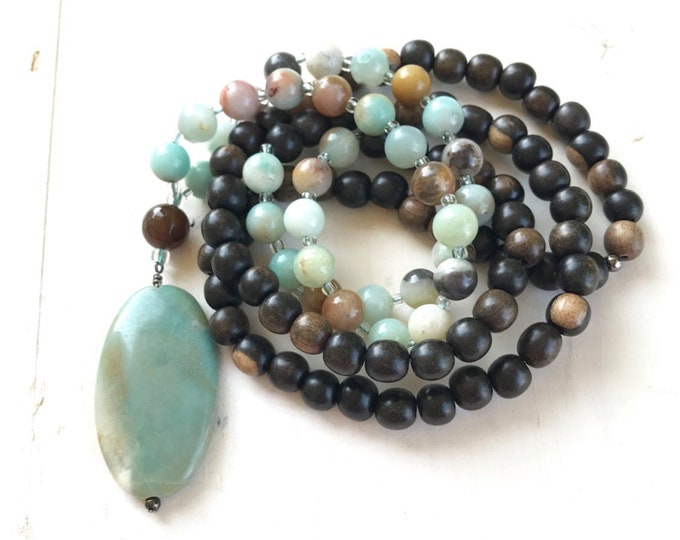 Tiger Ebony Wood Bead Mala - Amazonite Mala Necklace - 108 Bead Mala For Meditation - Unisex Mala Beads - Mantra Mala