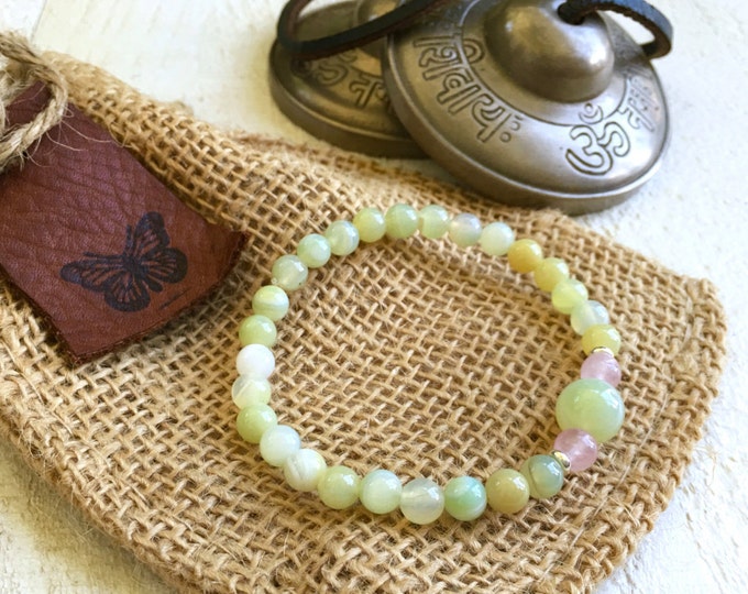 Light Green Agate and Rose Quartz Bracelet, Natural Stone Bracelet, Mala Inspired Jewelry, Casual Natural Bracelet, Yoga Bracelet
