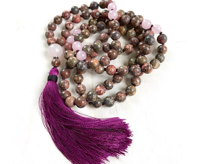 Soothe Your Spirit Mala Necklace - Leopard Skin Jasper Mala Beads - Rose Quartz - 108 Beads - Silk Tassel Mala - Hand Knotted