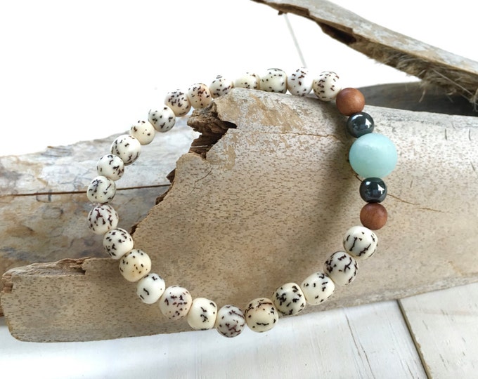 Natural Seed Stretch Bracelet, Matching Mala Bracelet, Amazonite and Sandalwood Bracelet, Yoga Beaded Bracelet, Yoga Inspired Jewelry, Boho