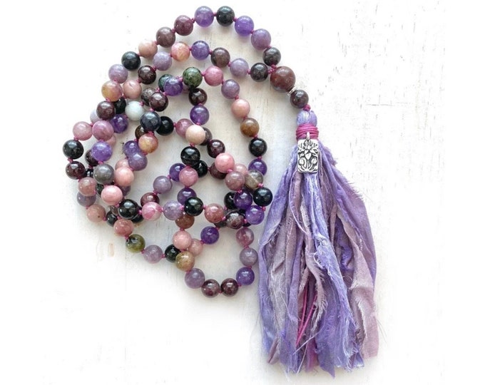 Heart Chakra Mala Beads - Tourmaline Mala Necklace - Rhodonite - Garnet - Lepidolite - Sari Silk Tassel - Mantra Mala - 108 Mala Beads