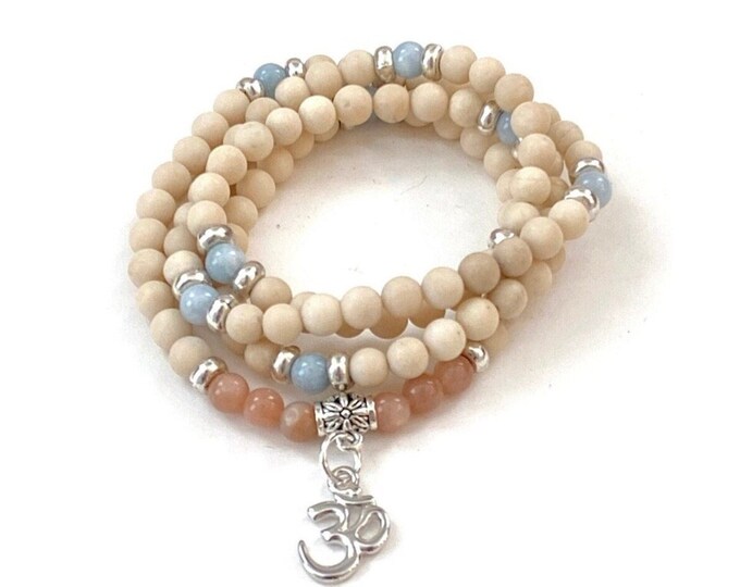 Acceptance And Growth Mala - Riverstone Wrist Wrap Mala - 108 Bead Mala Necklace - Aquamarine & Orange Moonstone - Stretch Mala Beads