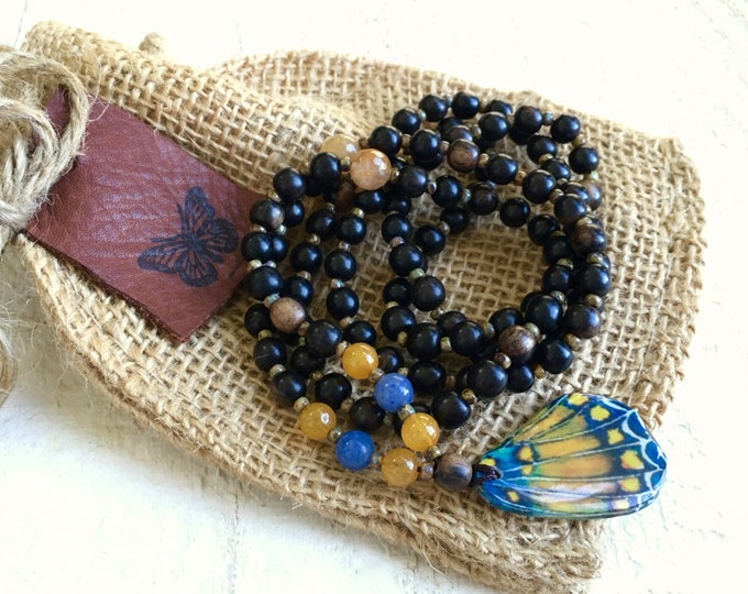 Butterfly Mala Bead Necklace, Wood Mala Beads, Natural Mala Necklace, Earthy Mala, 108 Bead Mala, Boho Mala Beads, Yoga Jewelry