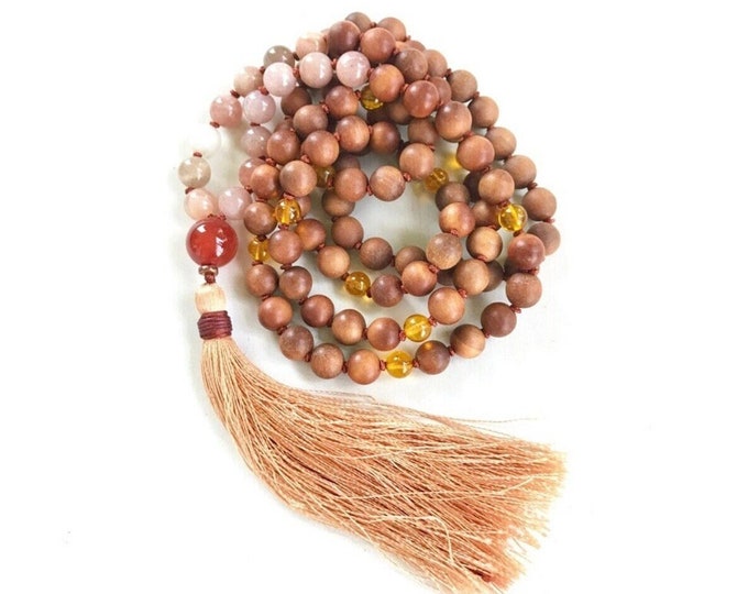 Mala For Happiness - Sunstone & Moonstone Mala Beads - Sandalwood Mala Necklace - Carnelian Guru Bead - Citrine Beads - 108 Beads Mala