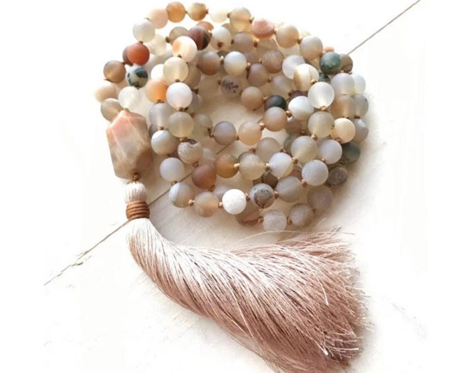 Mala For Joy - Sunstone Mala Necklace - Matte Druzy Agate Beads - 108 Bead Mala - Mala For Meditation - Hand Knotted - Sari Silk Tassel