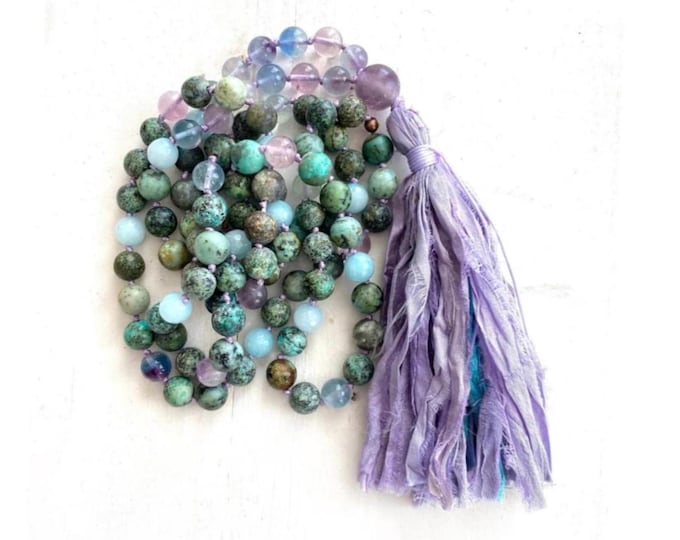 Mala For Intuition And Calm - African Turquoise & Fluorite Beads - 108 Bead Mala Necklace - Sari Silk Tassel - Spiritual Gift