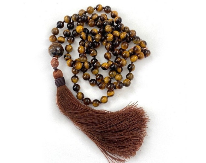 Personal Power Mala Beads - Grounding Mala Necklace - Tiger Eye - Solar Plexus Mala - 108 Bead Mala - Rudraksha - Yoga Beads