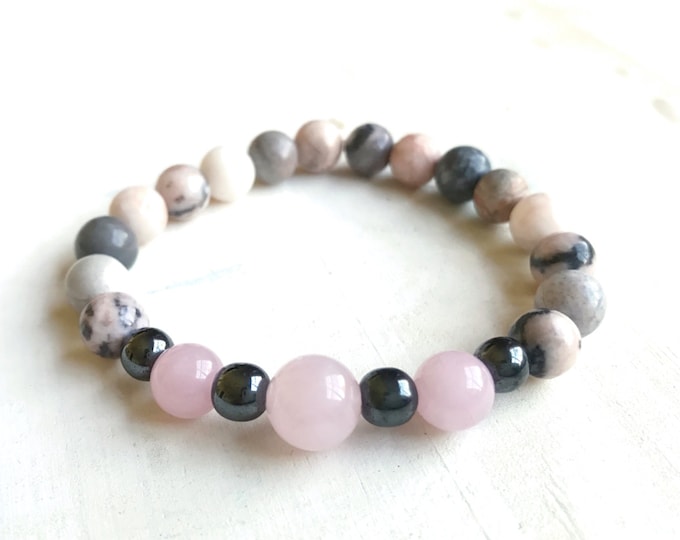 Pink Zebra Jasper Bracelet, Boho Chic Jewelry, Mala Inspired, Yoga Jewelry, Natural Healing Bracelet, Balance and Grounding Bracelet