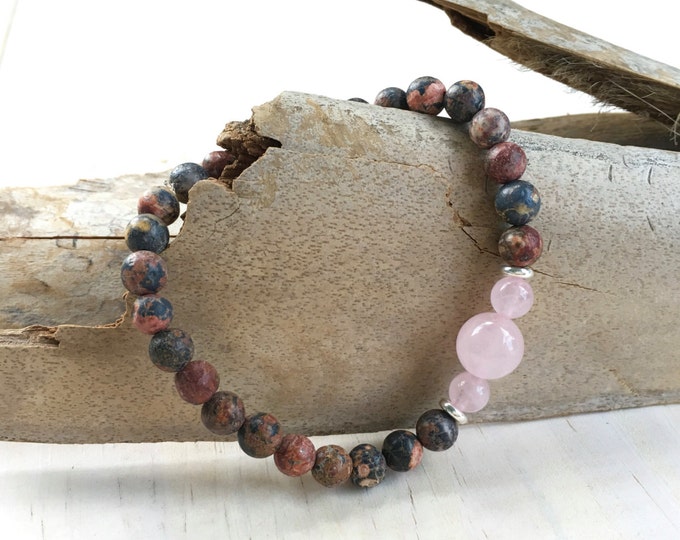 Jasper Stretch Bracelet, Mala Inspired Jewelry, Yoga Bracelet, Rose Quartz and Leopardskin, Boho Style Jewelry, Natural Healing Bracelet