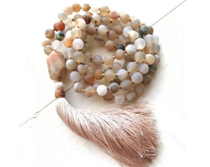Mala For Joy - Sunstone Mala Necklace - Matte Druzy Agate Beads - 108 Bead Mala - Mala For Meditation - Hand Knotted - Silk Thread Tassel
