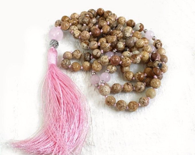 Open Your Heart Mala Beads - Picture Jasper Mala Necklace - Rose Quartz Beads - 108 Bead Mala - Ease Stress Mala - Hand Knotted