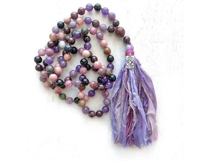 Heart Chakra Mala - Tourmaline Mala Necklace - Rhodonite, Garnet, Lepidolite Beads - 108 Bead Hand Knotted Mala - Sari Silk Tassel
