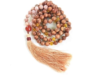 Sunstone & Moonstone Sandalwood Mala Necklace - 108 Beads Hand-Knotted Earthy Beads