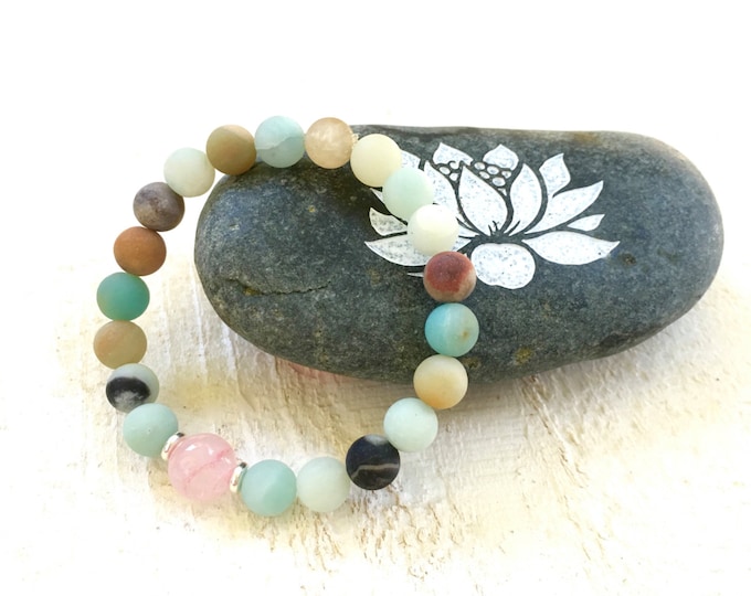 Amazonite and Rose Quartz Mala Inspired Bracelet, Yoga Style Bracelet, Natural Healing Jewelry, Boho Style Bracelet, Casual Stretch Bracelet