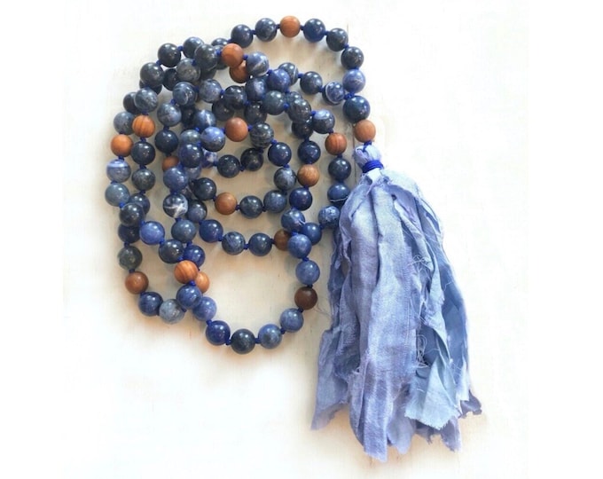 Be Confident Mala -  Sodalite Mala Bead Necklace - Lapis Lazuli - Sandalwood Beads -  Tassel Mala - 108 Mala Beads - Choose Your Tassel Type