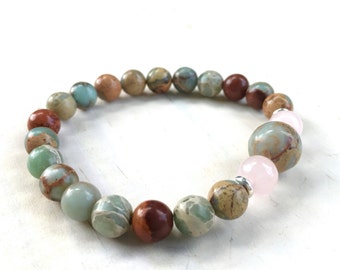 African Opal & Rose Quartz Bracelet: Bohemian Gemstone Jewelry