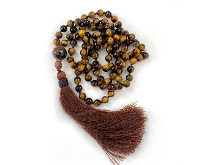Spiritual Grounding Mala Beads - Tiger Eye & Rudraksha Beads - 108 Hand Knotted - Unisex Mala