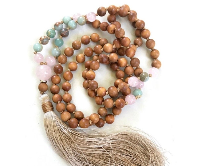 Tranquility Mala Beads - African Opal Mala Necklace - Fragrant Sandalwood Mala Beads - Rose Quartz - 108 Beads Mala - Silk Tassel