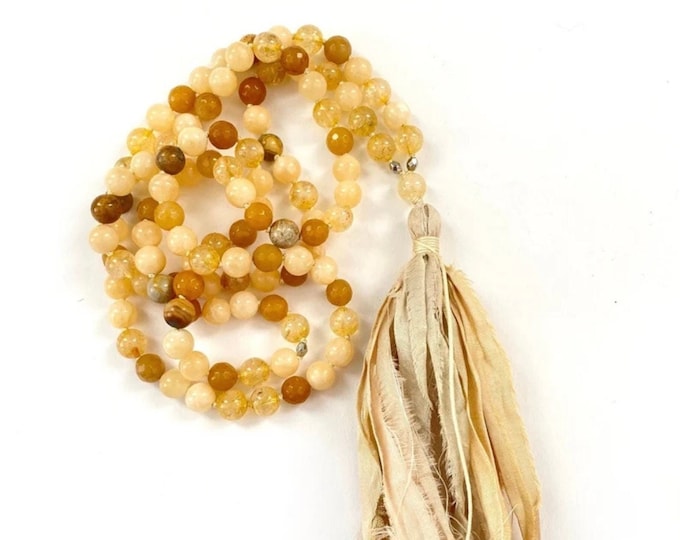 Solar Plexus Mala Beads - Manipura Mala Necklace - 108 Beads Mala - Self-esteem - Willpower - Citrine - Agate - Jade - Hand Knotted