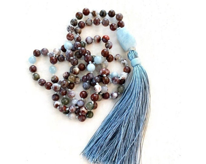 Quiet The Mind Mala Beads - Tassel Mala Necklace - Red Lightning Agate Beads - Aquamarine Bead - 108 Beads Mala - Meditation Beads