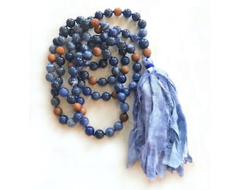 Mala Necklace For Confidence - Sodalite & Sandalwood Beads - Sari Silk Tassel - 108 Beads - Hand Knotted Prayer Beads