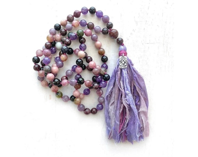 Heart Chakra Mala - Tourmaline Mala Necklace - Rhodonite, Garnet, Lepidolite Beads - 108 Bead Hand Knotted Mala - Sari Silk Tassel