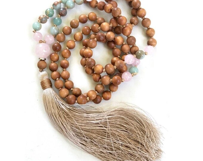 Tranquility Mala Beads - Sandalwood, African Opal & Rose Quartz Beads - Hand Knotted - Gentle Mala For Meditation Practice - 108 Beads