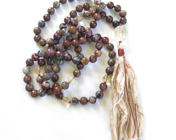 African Opal Jasper Mala - Citrine Guru Bead - Hand Knotted 108 Beads - Mala Necklace For Meditation Practice - Sari Silk Tassel