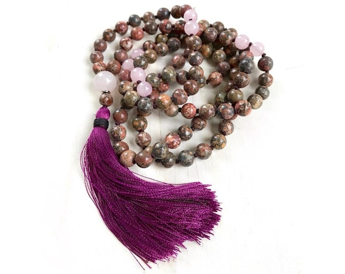 Mala For Calm Courage - Leopard Skin Jasper, Rose Quartz - Hand-Knotted 108 Beads - Silk Tassel