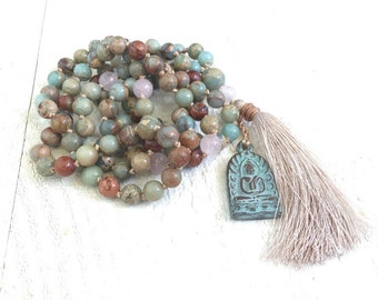 You Are Safe Mala Beads - African Opal Mala Necklace - Buddha Mala - 108 Mala Beads - Hand Knotted Mala - Meditation Beads