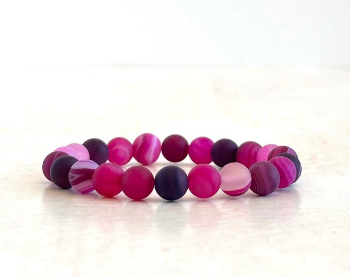 Matte Pink Striped Agate  -  Stretch Bracelet - Stacking Bracelet - Casual Festival Jewelry - Mala Bead Bracelet