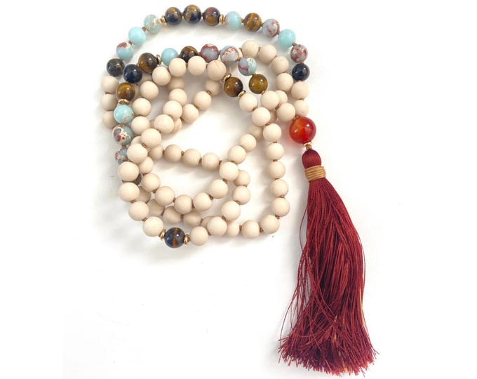 Mala For Security - Riverstone Mala Beads - Tiger Eye - Carnelian - 108 Bead Mala - Hand Knotted Mala Necklace - White Mala Beads