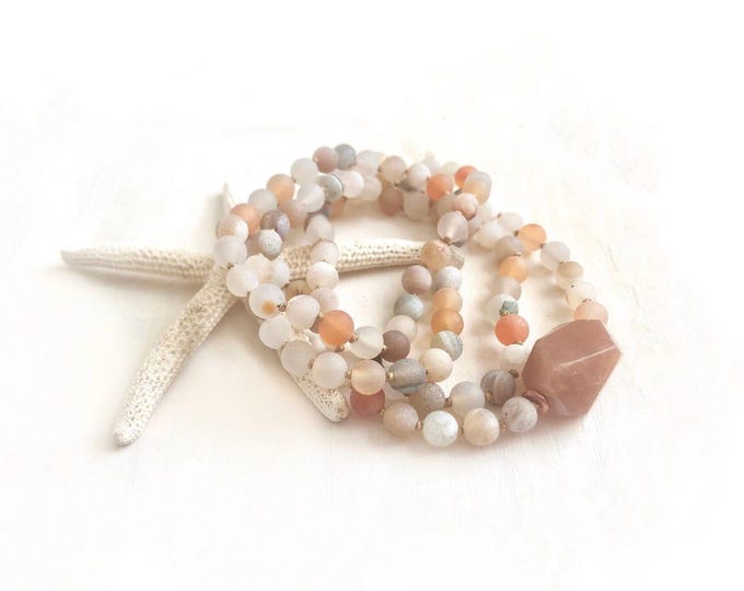 Druzy Agate Mala Necklace: Sunstone Guru Bead, Hand Knotted 108 Beads