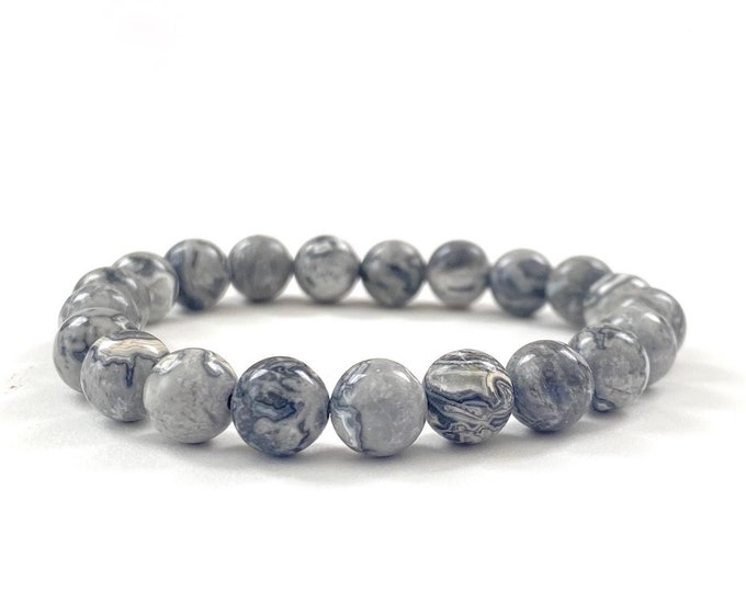 GRAY PICASSO JASPER - Mala Bracelet - Stimulates Creativity - Nurturing Stone - Stretch Bracelet - Natural Healing Jewelry