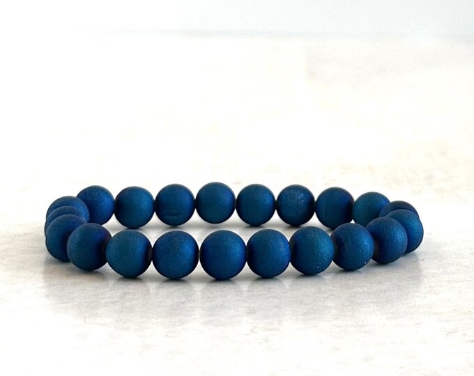 Blue Electroplated Druzy Agate  -  Stretch Bracelet - Stacking Bracelet - Casual Festival Jewelry - Mala Bead Bracelet