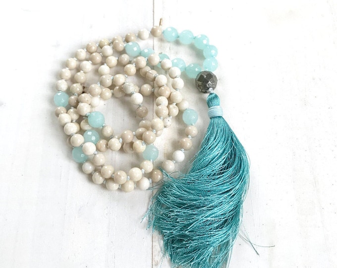 Mala Beads For Change - Amazonite Mala Necklace - River Stone Mala Beads - 108 Beads - Silk Tassel - Hand Knotted - Prayer Beads