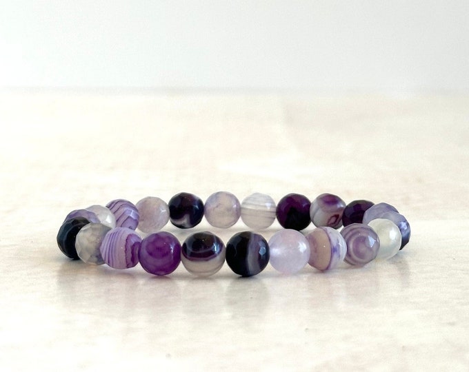 Purple Striped Agate  -  Stretch Bracelet - Stacking Bracelet - Casual Festival Jewelry - Mala Bead Bracelet