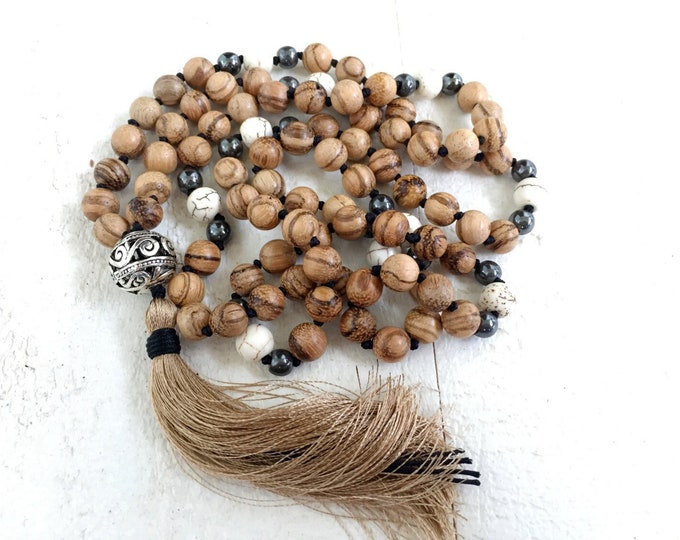Wood Mala Beads: Howlite, Hematite With Silk Thread Tassel, 108 Beads