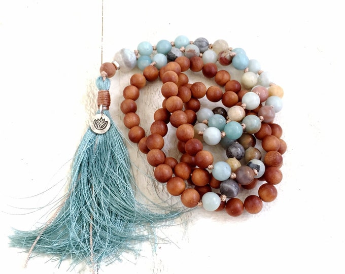 Mala For Confidence - Sandalwood Mala Beads - Amazonite Mala Necklace - Silk Tassel Mala - Lotus Charm - 108 Bead Mala - Meditation Beads