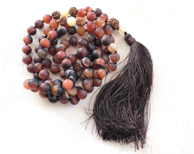 Mala For Spiritual Focus - Dream Agate & Rudraksha Beads - Yellow Jade - 108 Bead Mala Necklace - Hand Knotted - Silk Tassel Mala