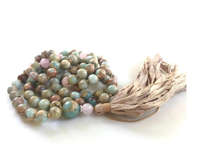 Balance The Chakras Mala: African Opal & Rose Quartz - Mala With Tassel - Hand Knotted - 108 Bead Meditation Mala - Yoga Practice Mala Beads