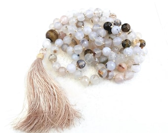 Mala For Balance - White Mala Bead Necklace - Agate & Tiger Eye Beads - Soft Silky Tassel - 108 Beaded Mala - Mala For Daily Mantras