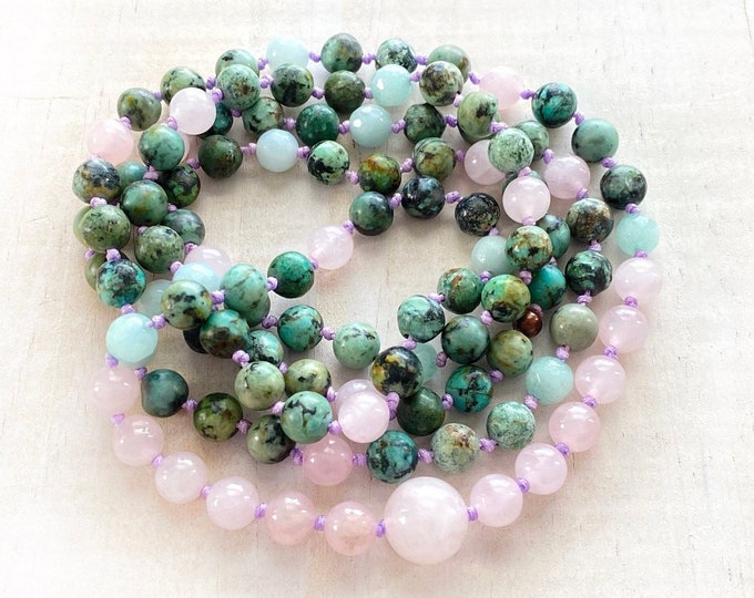 Harmonize Spiritual Energy Mala Beads - 108 Bead Mala Necklace - African Turquoise - Rose Quartz & Amazonite Beads - Mantra Mala