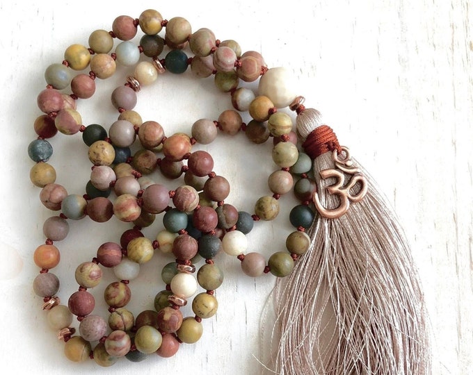 Mala Beads For Stability - Landscape Jasper Mala Necklace - Earthy Mala Beads - Knotted 108 Bead Mala - Meditation Mala - Silk Tassel