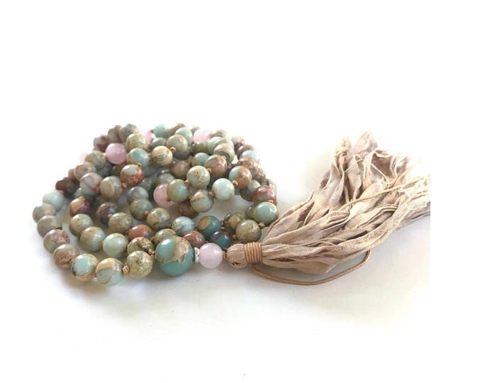 Balance The Chakras, African Opal & Rose Quartz, Silk Thread Tassel