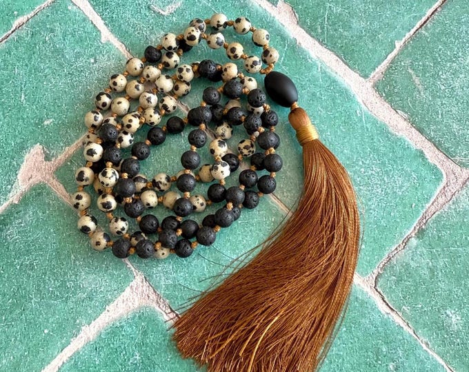 Emotional Release Mala -  Black Lava, Dalmatian Jasper, Black Onyx Beads - 108 Beads - Unisex Mala Necklace -  Earthy Grounding Mala Beads