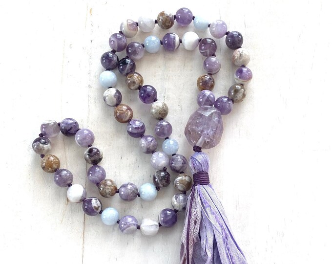 Calm Your Mind - Mala Beads - Pocket Mala - 54 Bead Mala - Hand Knotted - Travel Mala - Flower Amethyst - Sari Silk Tassel